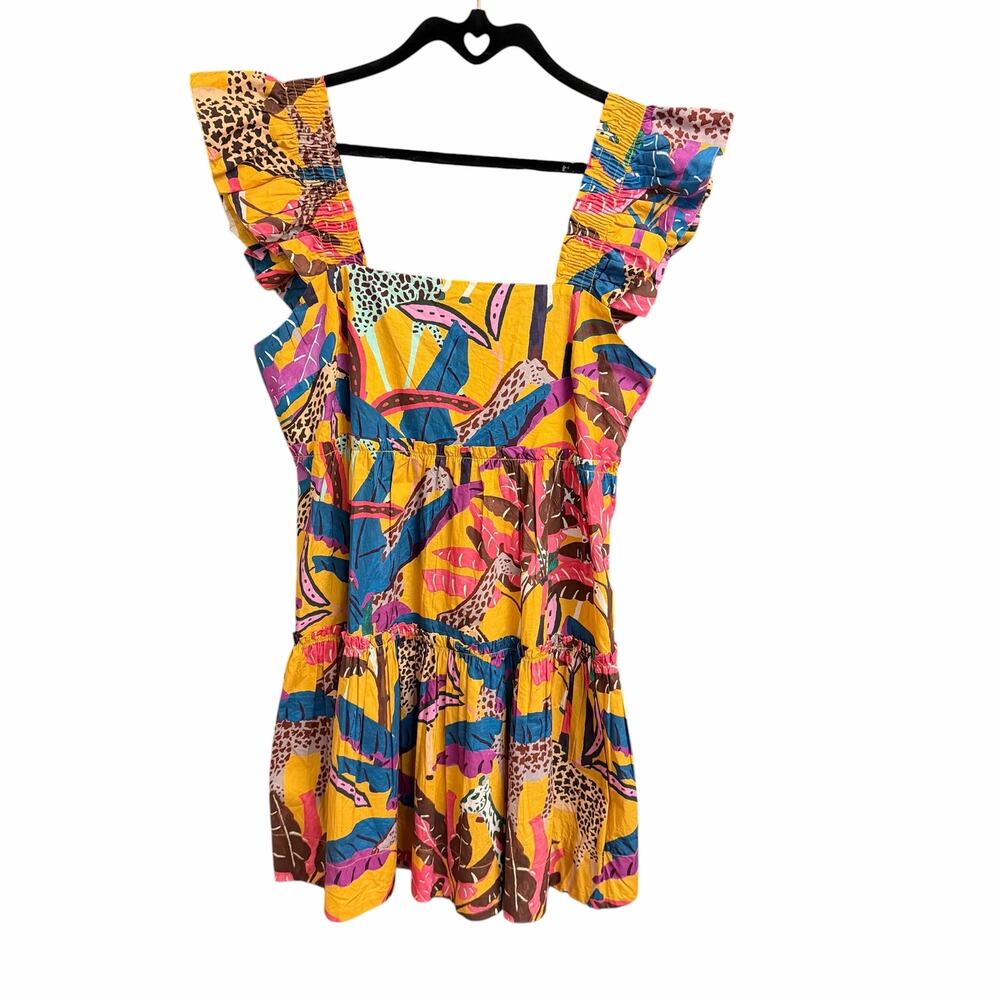 Oliphant Sleeveless Tiered Mini Dress Yellow Multi Giraffe Tropical Print Medium
